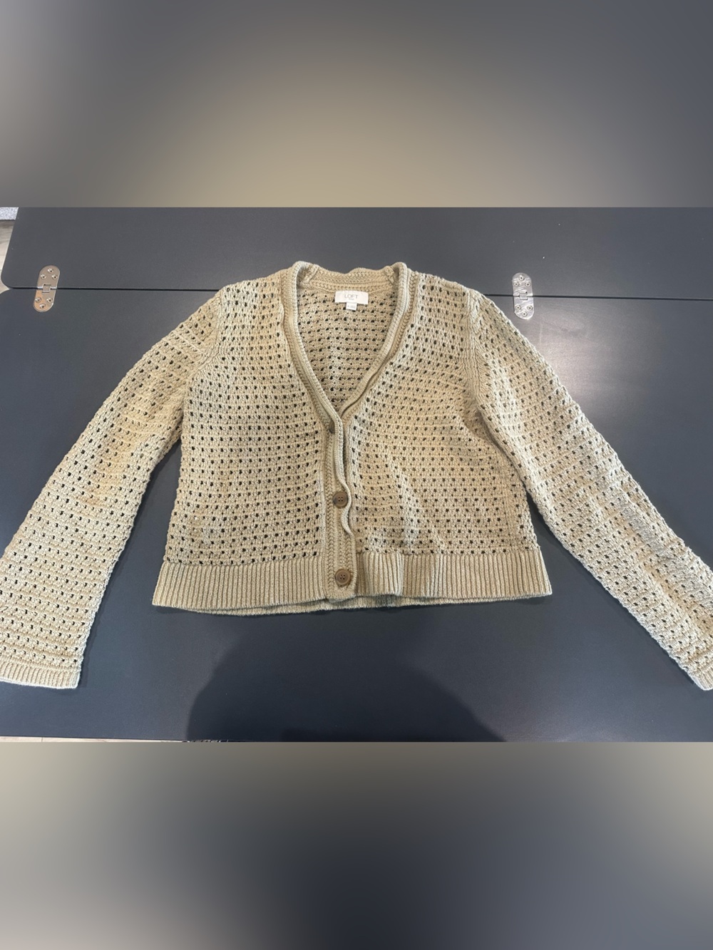 LOFT Crochet Open-Weave Button-Up Cardigan in Light Olive